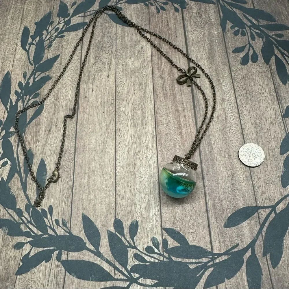 Glass Resin Beach Bowl Bronze Tone Necklace‎ 34 In B2